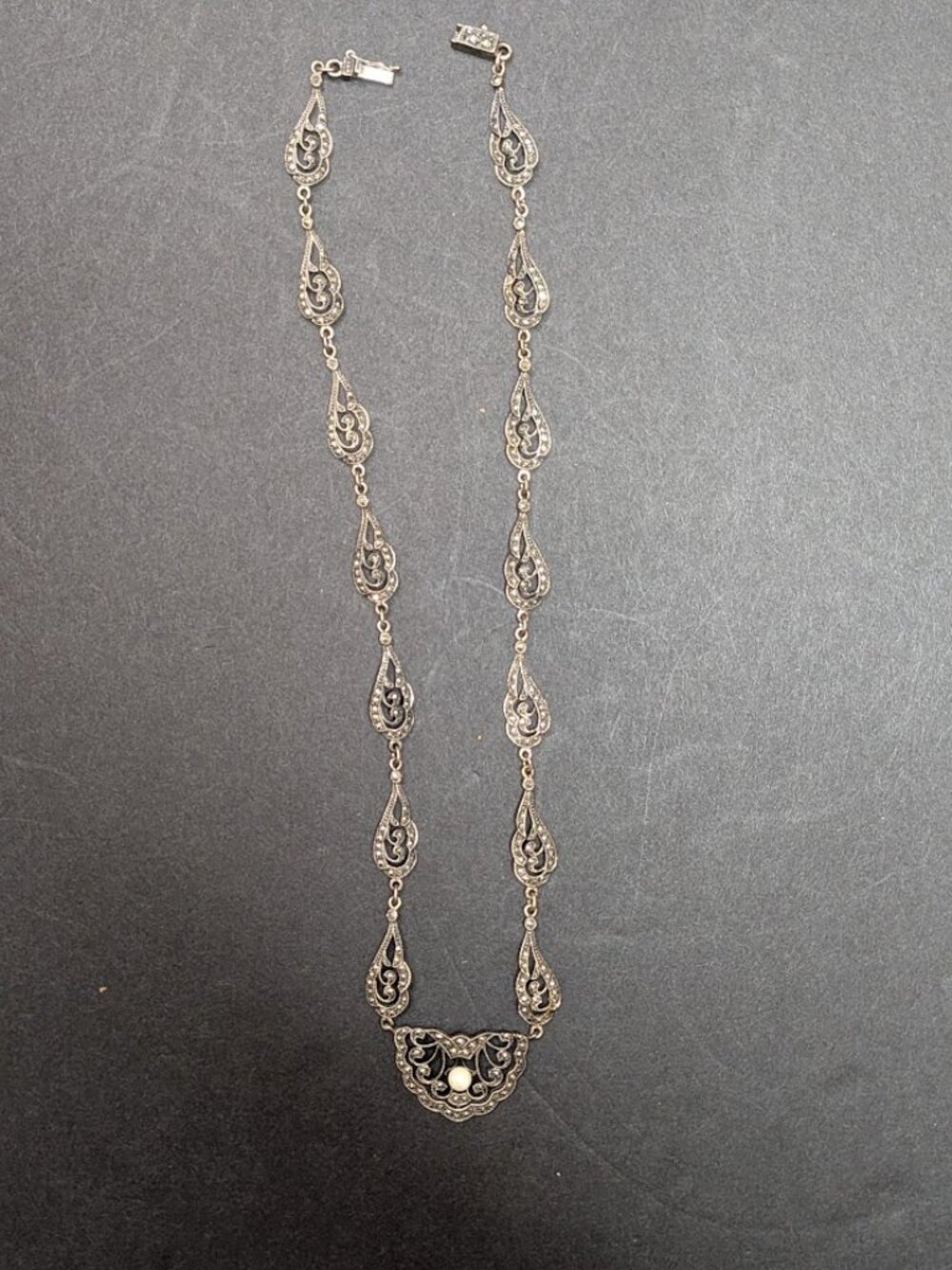 Vintage 925 SHA Sterling Silver Marcasite Filigree Pearl Necklace 16"